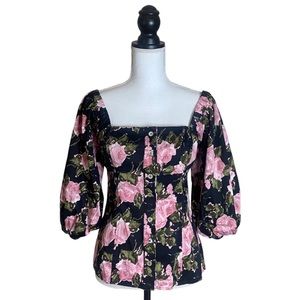 WAYF Floral Print Blouse button front 3/4 sleeve square necklace top